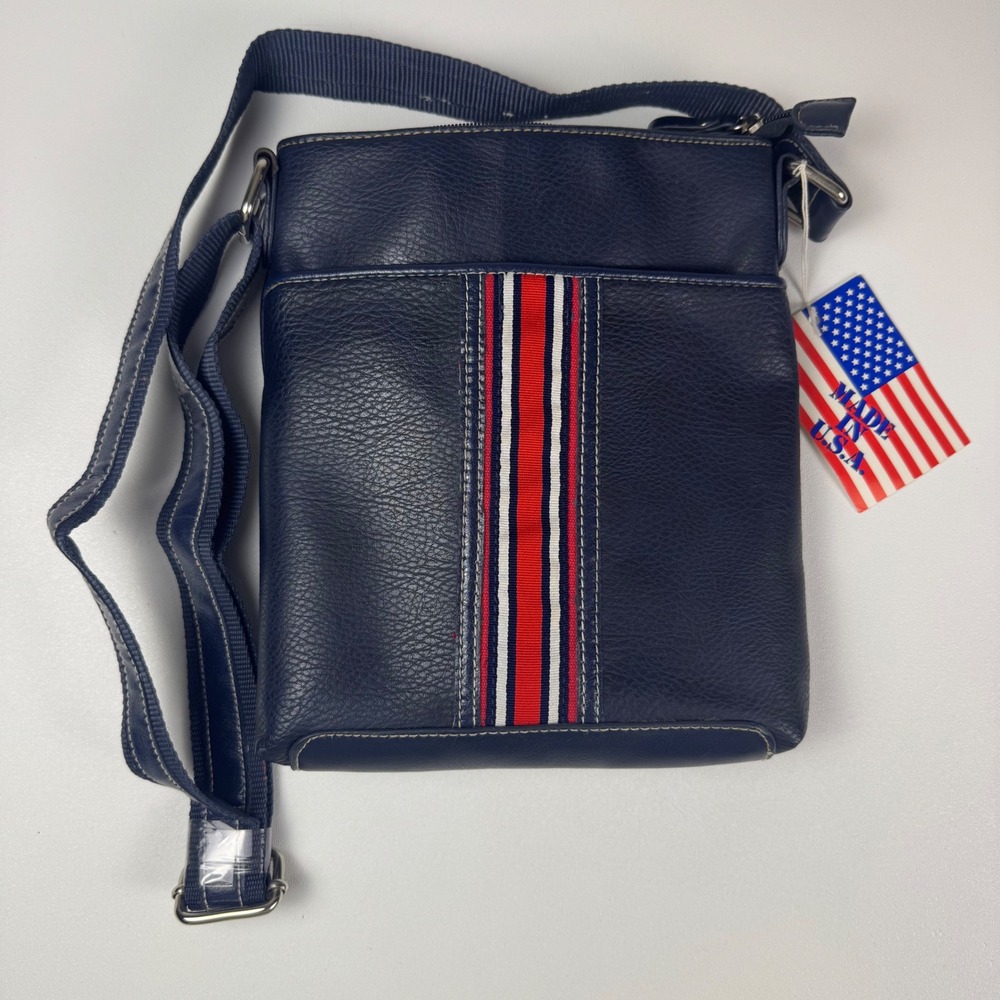 BUENO Navy Blue Faux Leather Crossbody Bag With Red White Blue Stripe Accent NWT